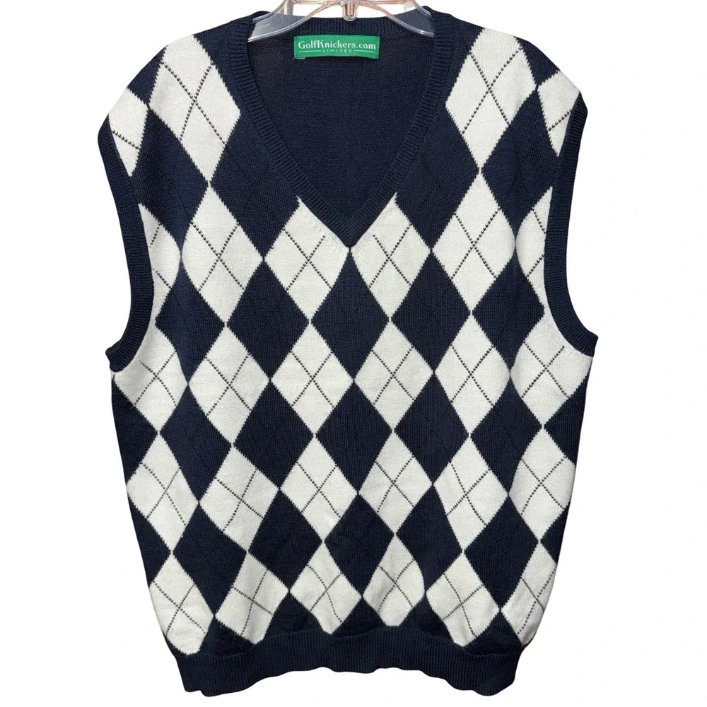 GolfKnickers.com Wool Blend Navy White Argyle V Neck Golf Sweater Vest XL Preppy